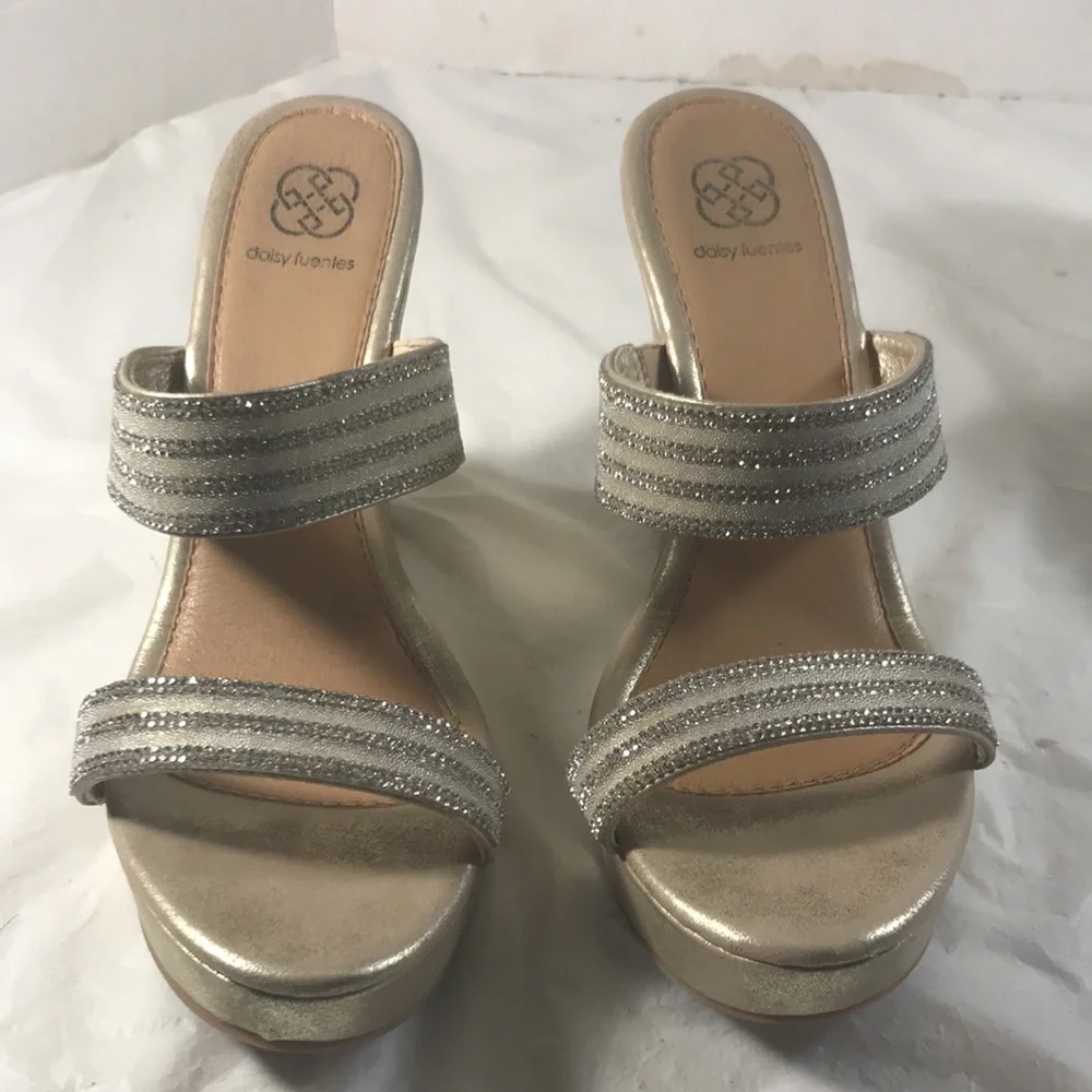 Daisy Fuentes Women’s Metallic Gold High Wedge Sandals with Rhinestone Accents - Picture 2 of 9